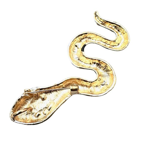Womens Snake Brooch Pin Pendant Black Enamel Clear Rhinestone Gold Tone - Picture 2 of 3